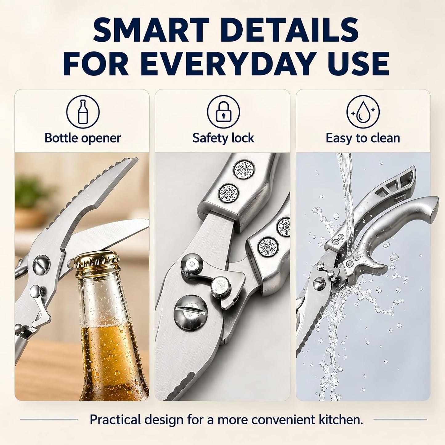 Poultry Shears, Spring Loaded Kitchen Scissors Fish Scaler Opener | 3-in-1 Kitchen Shears – poultry shears, fish scaler & bottle opener in one 10-inch tool. Cut chicken, turkey, fish, meat.