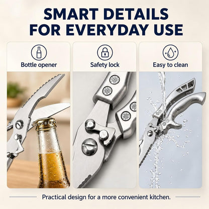 Poultry Shears, Spring Loaded Kitchen Scissors Fish Scaler Opener | 3-in-1 Kitchen Shears – poultry shears, fish scaler & bottle opener in one 10-inch tool. Cut chicken, turkey, fish, meat.