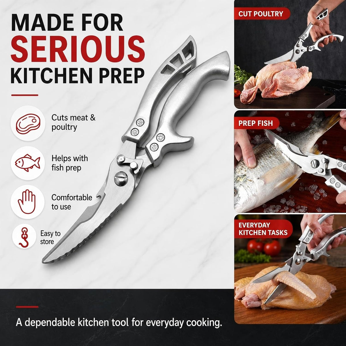 Poultry Shears, Spring Loaded Kitchen Scissors Fish Scaler Opener | 3-in-1 Kitchen Shears – poultry shears, fish scaler & bottle opener in one 10-inch tool. Cut chicken, turkey, fish, meat.
