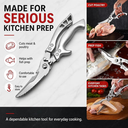 Poultry Shears, Spring Loaded Kitchen Scissors Fish Scaler Opener | 3-in-1 Kitchen Shears – poultry shears, fish scaler & bottle opener in one 10-inch tool. Cut chicken, turkey, fish, meat.