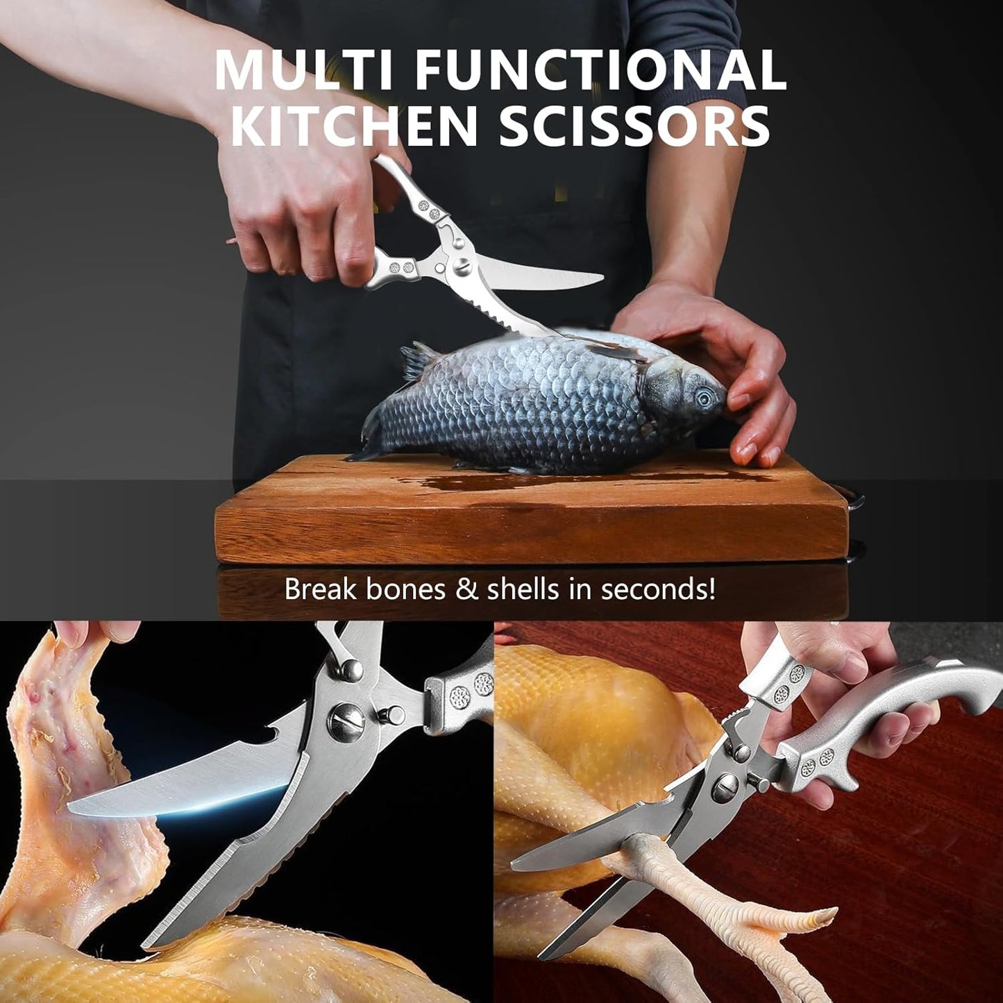 Poultry Shears, Spring Loaded Kitchen Scissors Fish Scaler Opener | 3-in-1 Kitchen Shears – poultry shears, fish scaler & bottle opener in one 10-inch tool. Cut chicken, turkey, fish, meat.