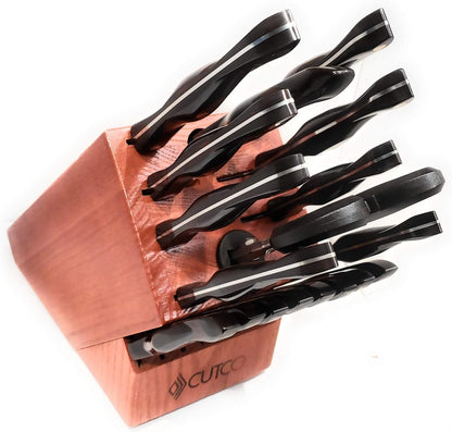 21 Piece Kitchen Set with Cherry Finish Oak Block, 8 Table Knives, Paring, Trimmers, Santoku Chopper Chef Knife, Carver, Slicer, Cheese Knife, Turning Fork, Shears, Peeler, Sharpener