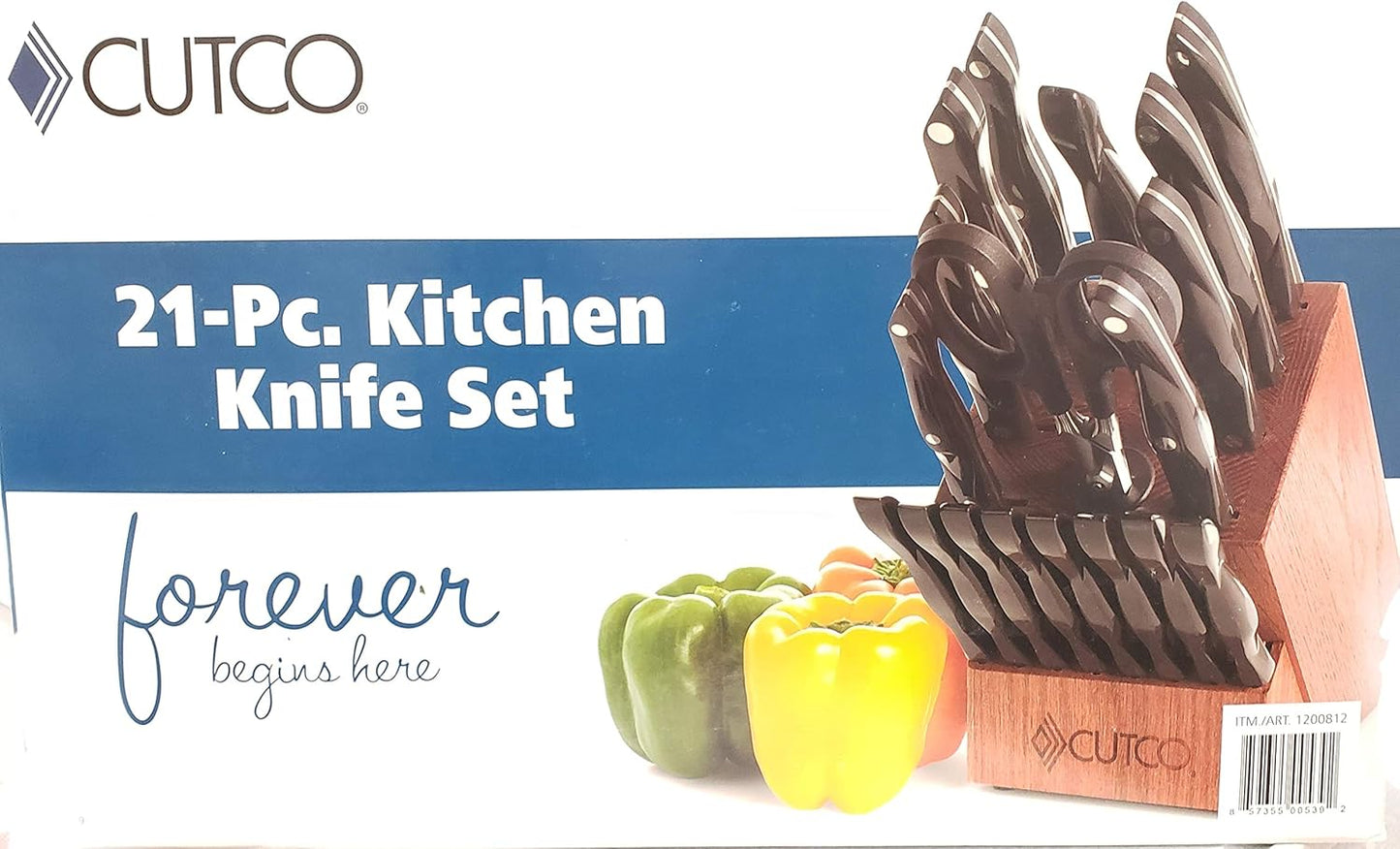 21 Piece Kitchen Set with Cherry Finish Oak Block, 8 Table Knives, Paring, Trimmers, Santoku Chopper Chef Knife, Carver, Slicer, Cheese Knife, Turning Fork, Shears, Peeler, Sharpener