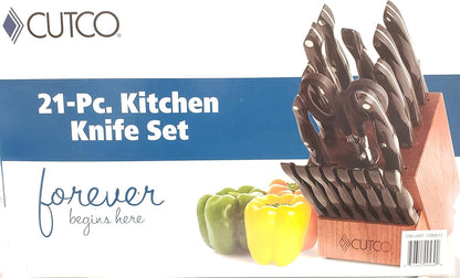 21 Piece Kitchen Set with Cherry Finish Oak Block, 8 Table Knives, Paring, Trimmers, Santoku Chopper Chef Knife, Carver, Slicer, Cheese Knife, Turning Fork, Shears, Peeler, Sharpener