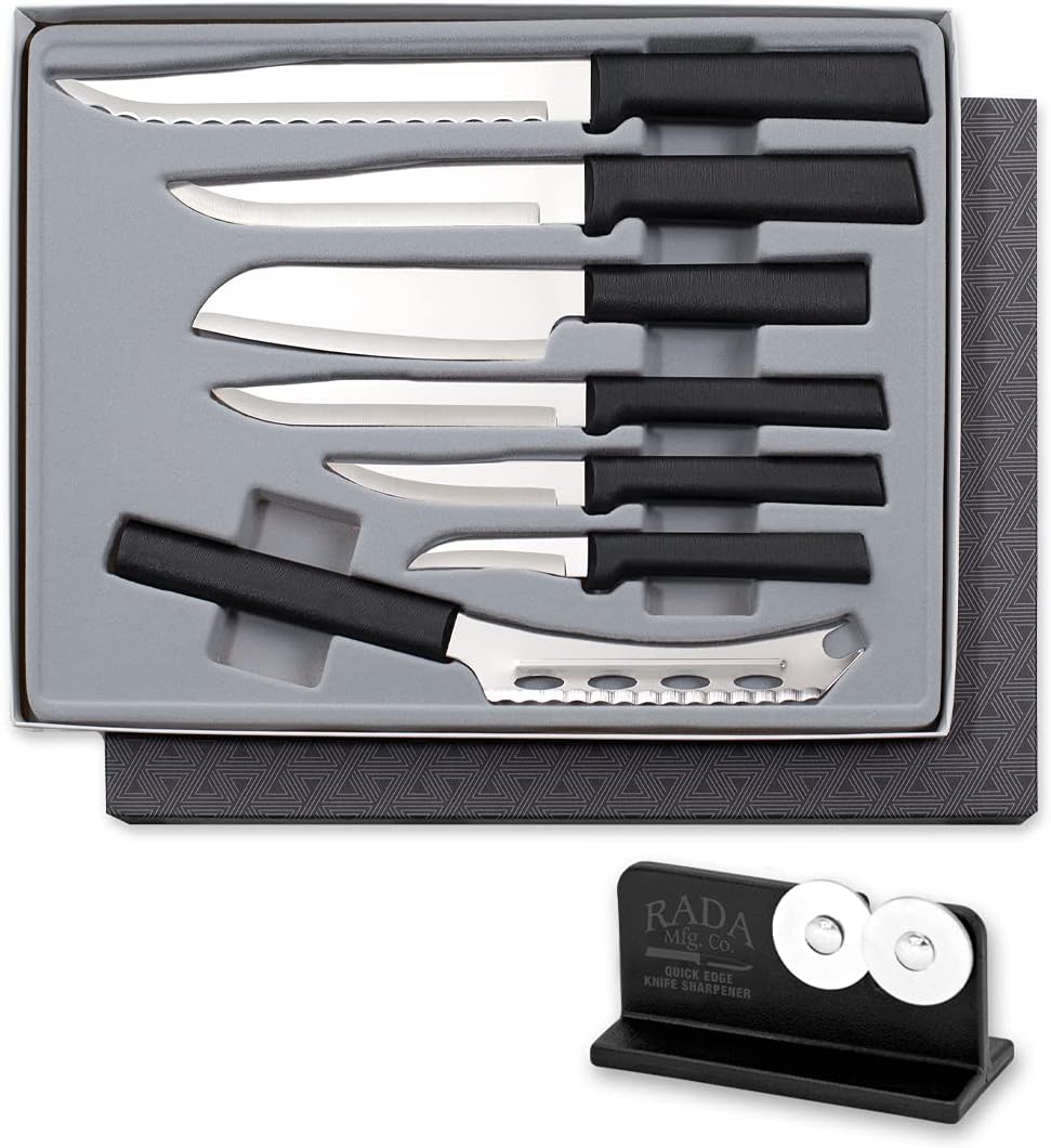 The Starter Gift Set Part 2 (G248) + Sharpener, Black Handle | 7-Piece Knife Set with Quick Edge Sharpener (R119), Stainless Steel Blades, Black Resin Handle