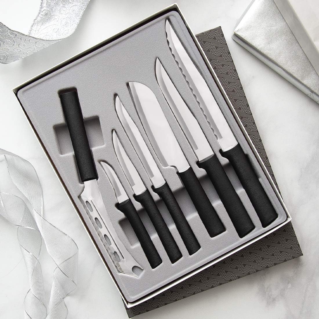 The Starter Gift Set Part 2 (G248) + Sharpener, Black Handle | 7-Piece Knife Set with Quick Edge Sharpener (R119), Stainless Steel Blades, Black Resin Handle