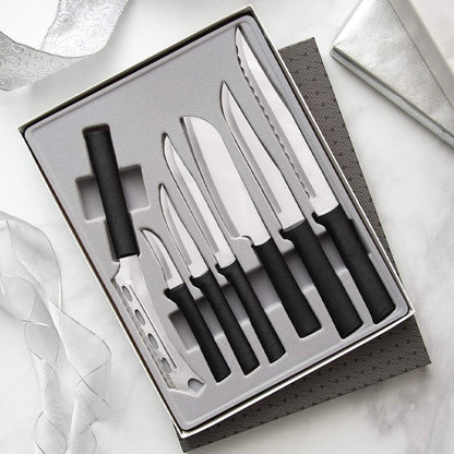 The Starter Gift Set Part 2 (G248) + Sharpener, Black Handle | 7-Piece Knife Set with Quick Edge Sharpener (R119), Stainless Steel Blades, Black Resin Handle