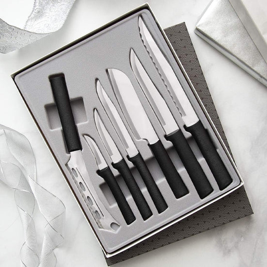 The Starter Gift Set Part 2 (G248) + Sharpener, Black Handle | 7-Piece Knife Set with Quick Edge Sharpener (R119), Stainless Steel Blades, Black Resin Handle