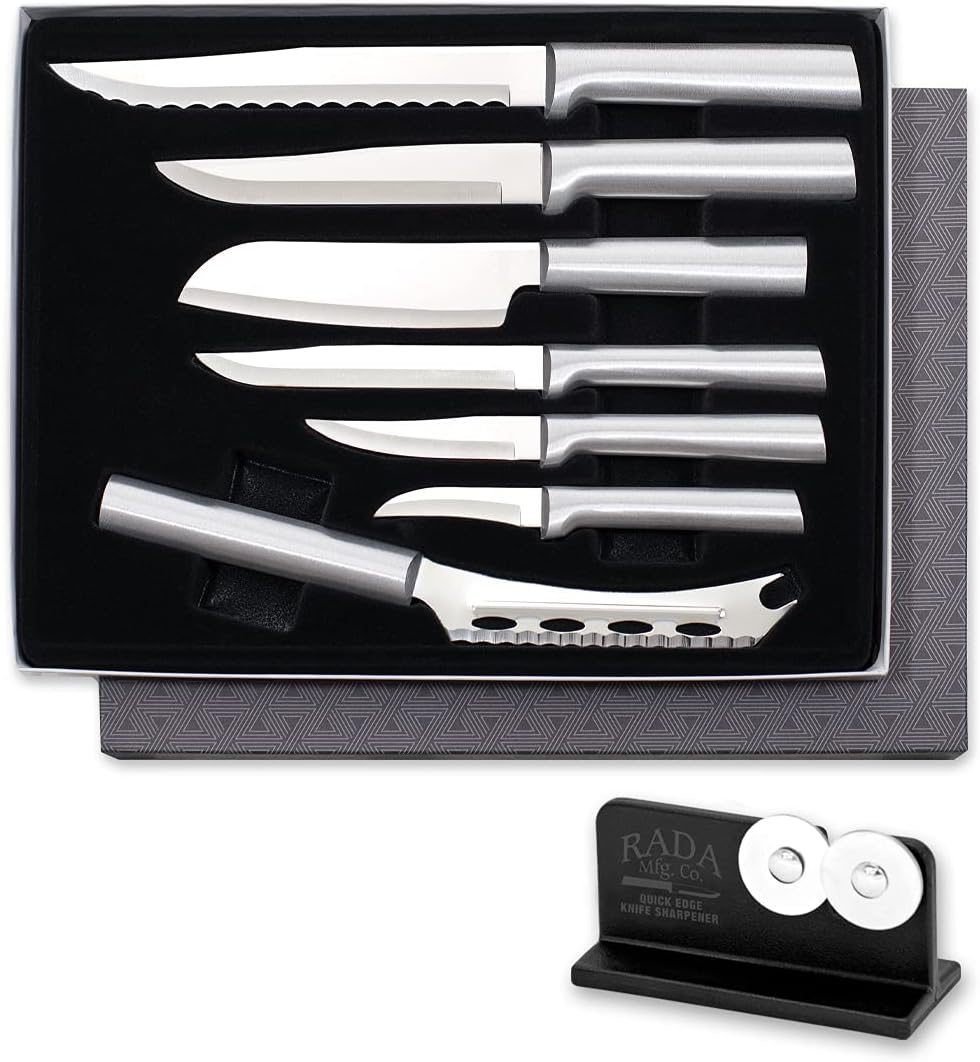 The Starter Gift Set Part 2 (G248) + Sharpener, Black Handle | 7-Piece Knife Set with Quick Edge Sharpener (R119), Stainless Steel Blades, Black Resin Handle