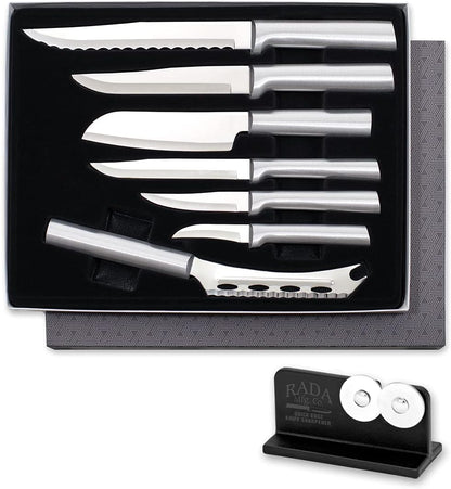 The Starter Gift Set Part 2 (G248) + Sharpener, Black Handle | 7-Piece Knife Set with Quick Edge Sharpener (R119), Stainless Steel Blades, Black Resin Handle
