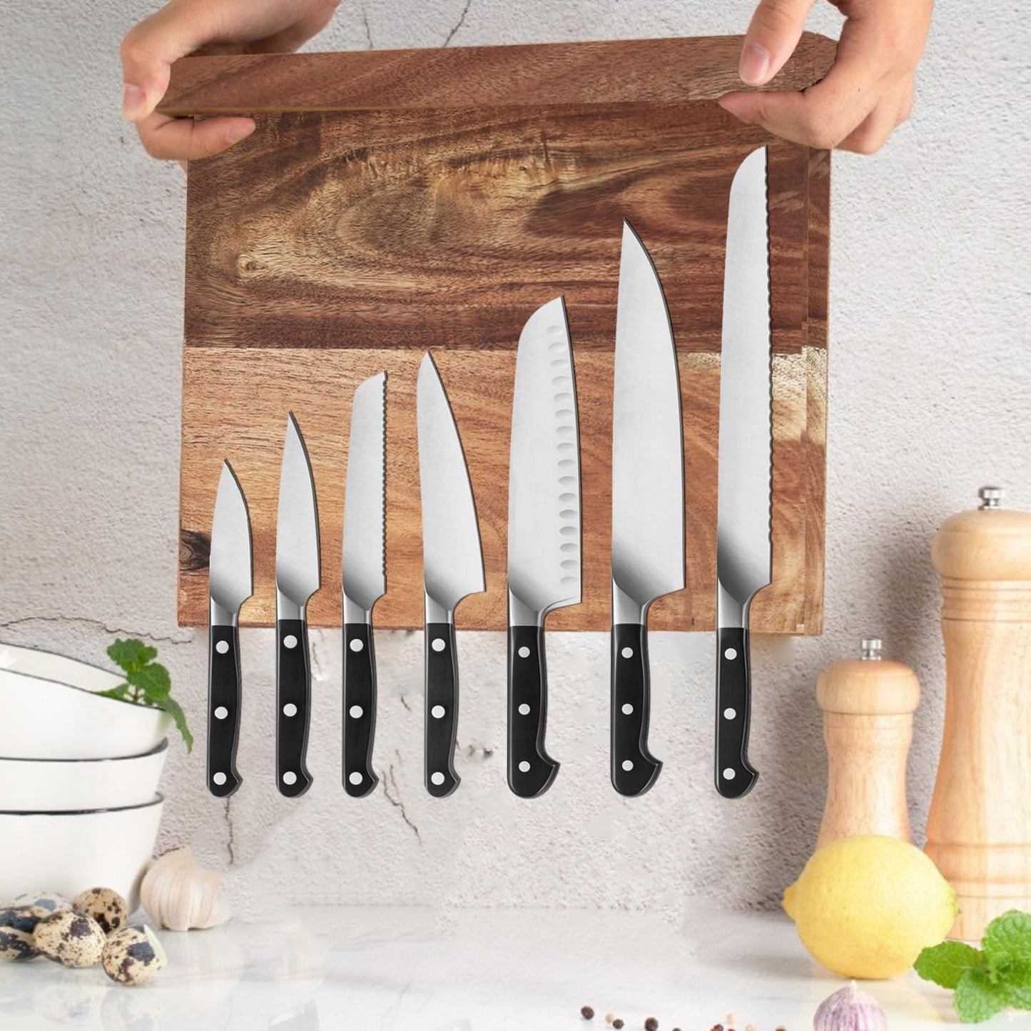 Magnetic Knife Block - Super Large 16 Inch Double Side Magnetic Knife Holder Rack for Kitchen Counter,Strong Magnet Sushi Knives Stand Acacia Wood Magnetic Knife Storage
