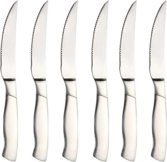 Professional Grade Steak Knives Set of 6 - Restaurant Quality Serrated Edge, Ergonomic Handle, Dishwasher Safe Stainless Steel Cutlery