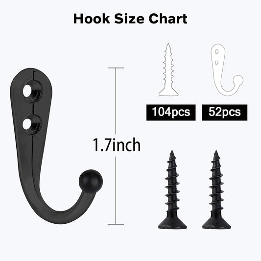 Coat Hooks-52 Pack Farmhouse Hooks with 104Pcs Screws, Black Decorative Rustic Coat Hooks Rack, Wall Mounted Single Prong Robe Hook, Vintage Organizer Hanging Wire Hook Clothes Hanger