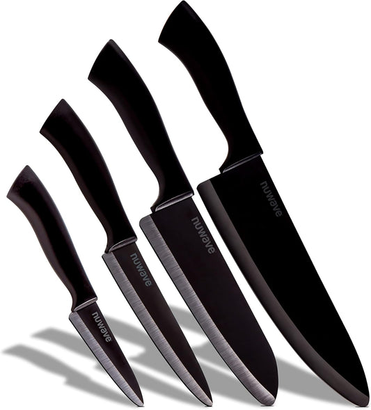 4-Piece Black Ceramic Knife Set - Includes 3' Paring, 5' Utility, 6.5' Everyday & 8' Chef's Knife, Ideal Super Sharp Kitchen Knives, Rust-Proof, Ergonomic Handles