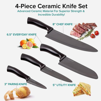4-Piece Black Ceramic Knife Set - Includes 3' Paring, 5' Utility, 6.5' Everyday & 8' Chef's Knife, Ideal Super Sharp Kitchen Knives, Rust-Proof, Ergonomic Handles