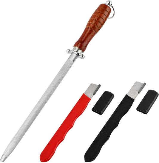 Honing Rod with 2 Mini Knife Sharpener, 10" Knife Sharpener Rod with Ergonomic Wood Handle, Ideal for All Chef Knives(COLOR:Silver)