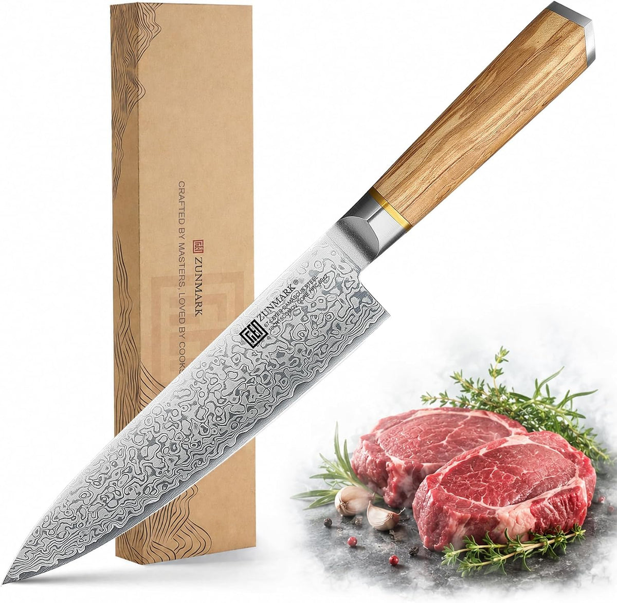 8 Inch Chef Knife, 67-Layer Damascus Steel Kitchen Knives with 10Cr15CoMoV Premium Steel Core, Hybrid Diamond-Oval Olive Wood Handle Japanese Knife, 13° Blade Ultra-Sharp Cooking Knives, Gift fo r Him