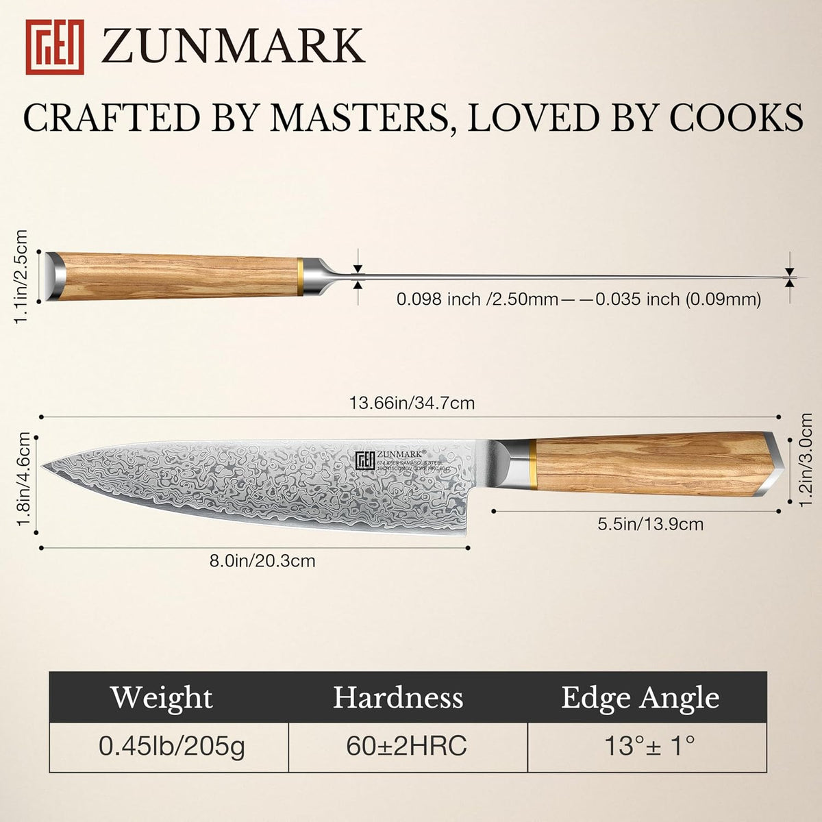 8 Inch Chef Knife, 67-Layer Damascus Steel Kitchen Knives with 10Cr15CoMoV Premium Steel Core, Hybrid Diamond-Oval Olive Wood Handle Japanese Knife, 13° Blade Ultra-Sharp Cooking Knives, Gift fo r Him