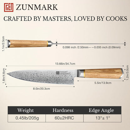 8 Inch Chef Knife, 67-Layer Damascus Steel Kitchen Knives with 10Cr15CoMoV Premium Steel Core, Hybrid Diamond-Oval Olive Wood Handle Japanese Knife, 13° Blade Ultra-Sharp Cooking Knives, Gift fo r Him