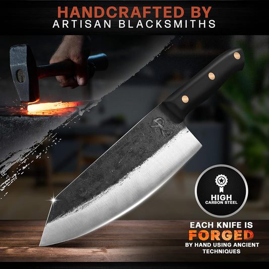 Handmade Chefs Knife For Meat Cutting Carving & Chopping | 8" Ultra Sharp With Leather Sheath, High Carbon Steel,Full Tang Ergonomic Handle, Beautiful Gift Box, Great BBQ Gift For Men