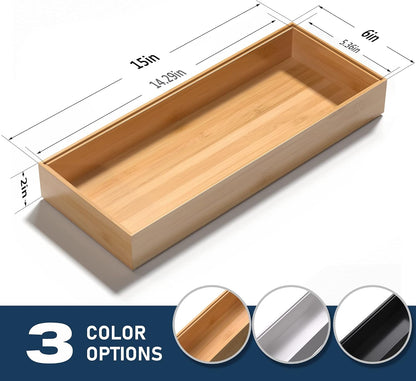 Bamboo Drawer Organizer, Stackable Utensil Organizer for Kitchen, Bamboo Storage Box Wood Silverware Tray for Drawer 15" x 6" x 2" Set of 2