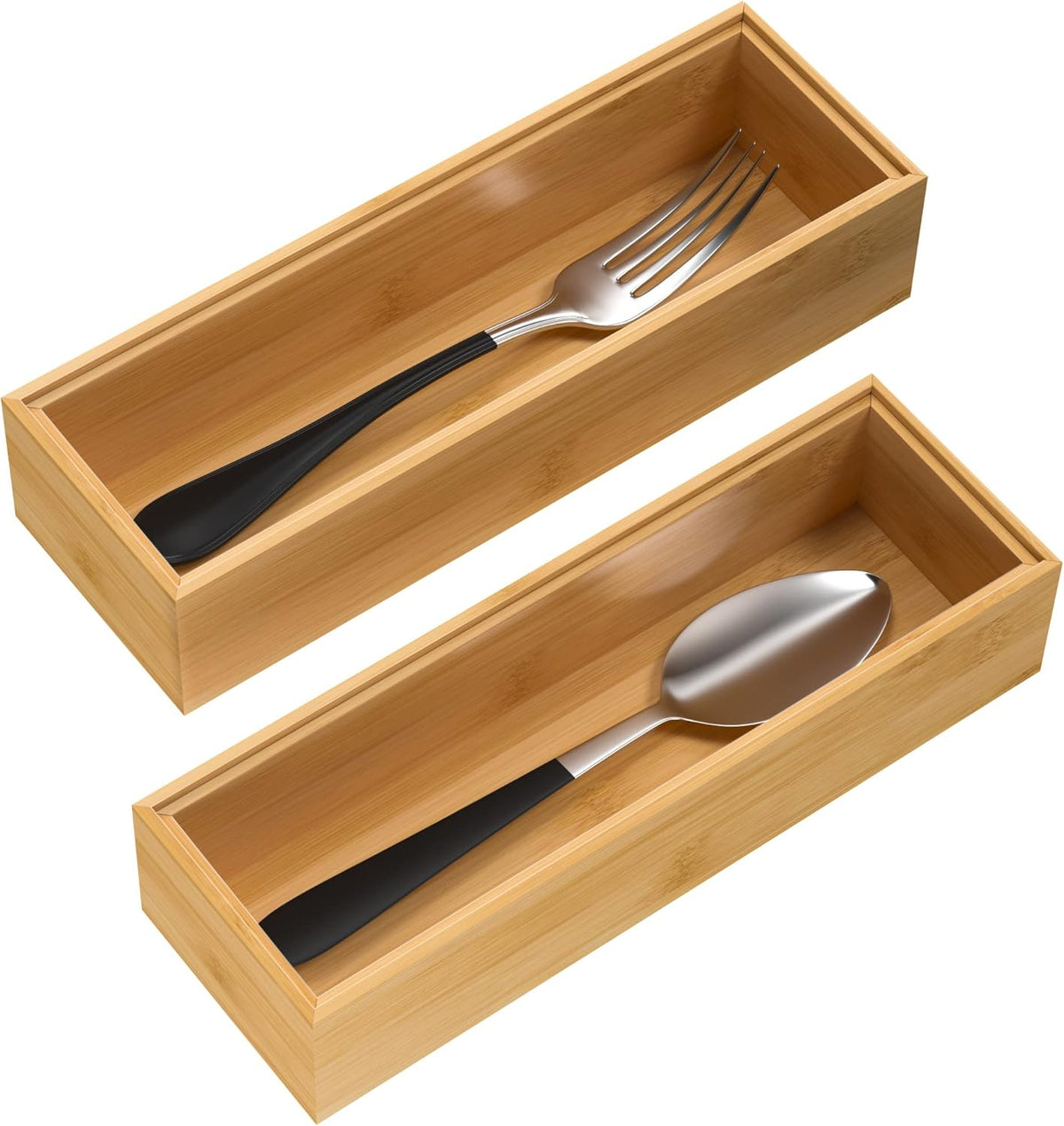 Bamboo Drawer Organizer, Stackable Utensil Organizer for Kitchen, Bamboo Storage Box Wood Silverware Tray for Drawer 15" x 6" x 2" Set of 2