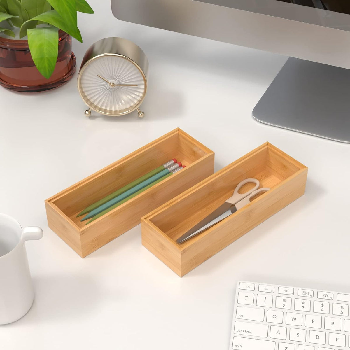 Bamboo Drawer Organizer, Stackable Utensil Organizer for Kitchen, Bamboo Storage Box Wood Silverware Tray for Drawer 15" x 6" x 2" Set of 2