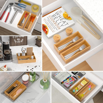 Bamboo Drawer Organizer, Stackable Utensil Organizer for Kitchen, Bamboo Storage Box Wood Silverware Tray for Drawer 15" x 6" x 2" Set of 2