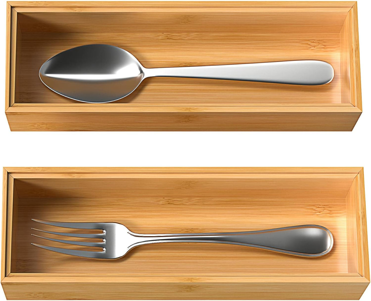 Bamboo Drawer Organizer, Stackable Utensil Organizer for Kitchen, Bamboo Storage Box Wood Silverware Tray for Drawer 15" x 6" x 2" Set of 2