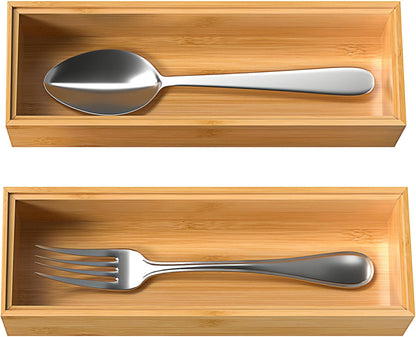 Bamboo Drawer Organizer, Stackable Utensil Organizer for Kitchen, Bamboo Storage Box Wood Silverware Tray for Drawer 15" x 6" x 2" Set of 2