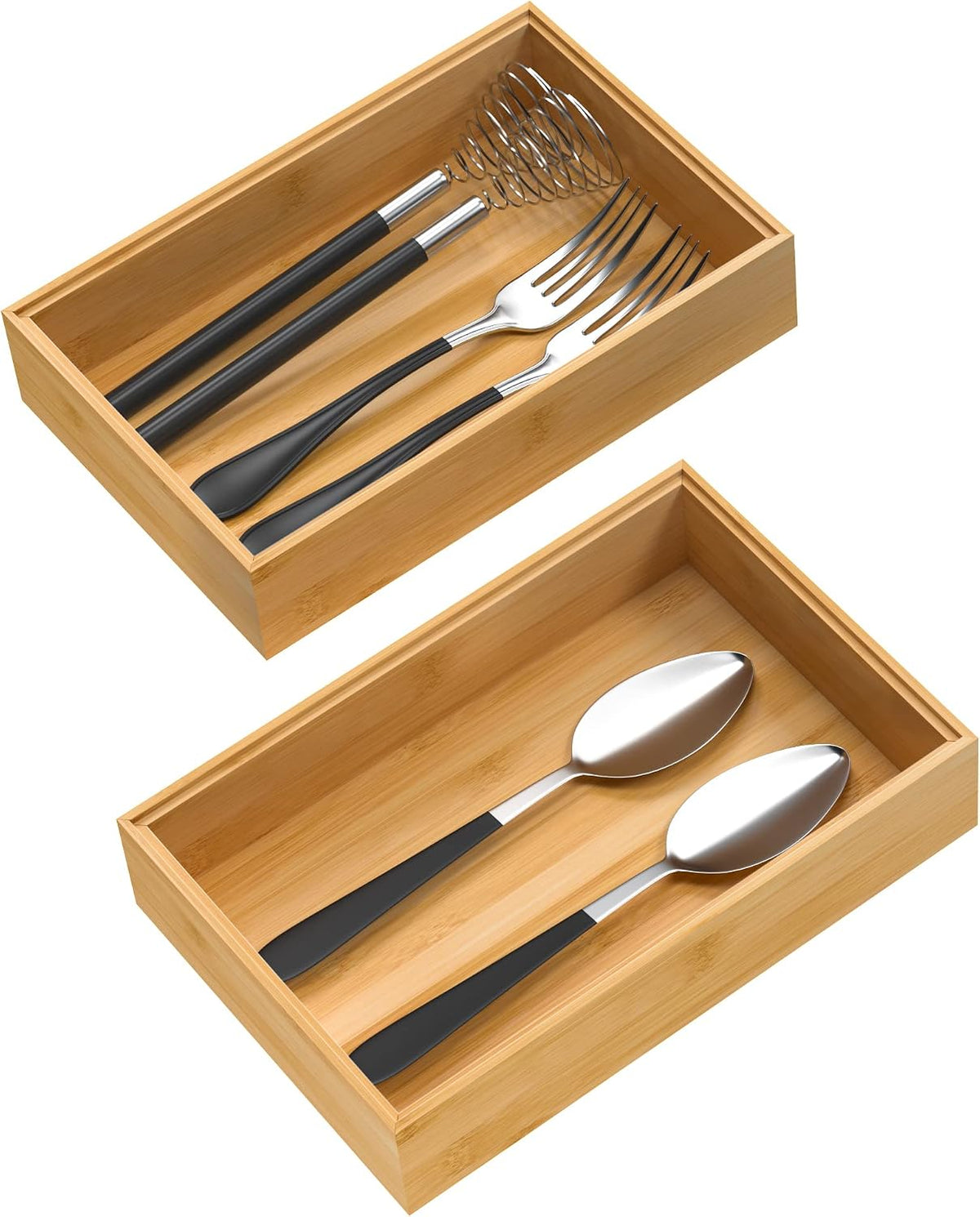 Bamboo Drawer Organizer, Stackable Utensil Organizer for Kitchen, Bamboo Storage Box Wood Silverware Tray for Drawer 15" x 6" x 2" Set of 2