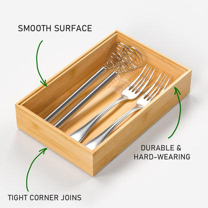 Bamboo Drawer Organizer, Stackable Utensil Organizer for Kitchen, Bamboo Storage Box Wood Silverware Tray for Drawer 15" x 6" x 2" Set of 2