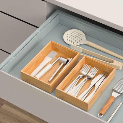 Bamboo Drawer Organizer, Stackable Utensil Organizer for Kitchen, Bamboo Storage Box Wood Silverware Tray for Drawer 15" x 6" x 2" Set of 2