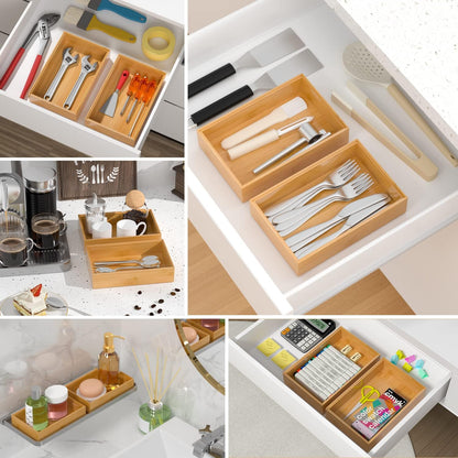 Bamboo Drawer Organizer, Stackable Utensil Organizer for Kitchen, Bamboo Storage Box Wood Silverware Tray for Drawer 15" x 6" x 2" Set of 2