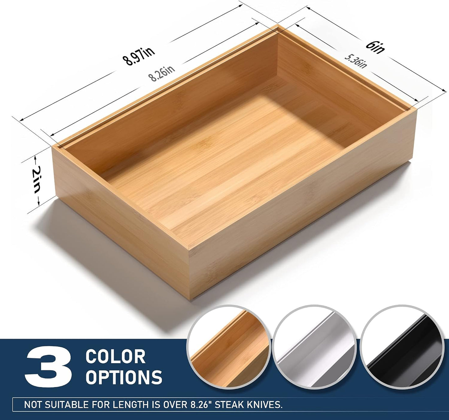 Bamboo Drawer Organizer, Stackable Utensil Organizer for Kitchen, Bamboo Storage Box Wood Silverware Tray for Drawer 15" x 6" x 2" Set of 2