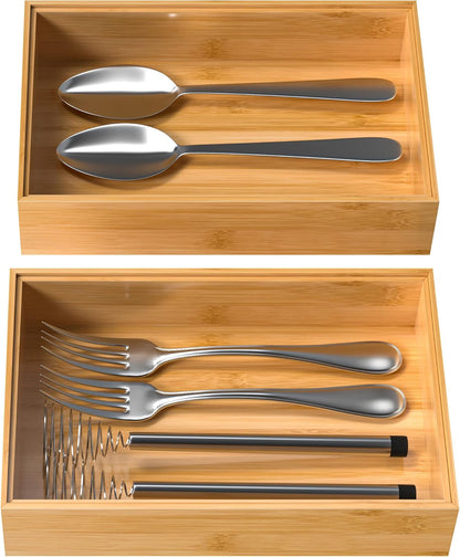Bamboo Drawer Organizer, Stackable Utensil Organizer for Kitchen, Bamboo Storage Box Wood Silverware Tray for Drawer 15" x 6" x 2" Set of 2