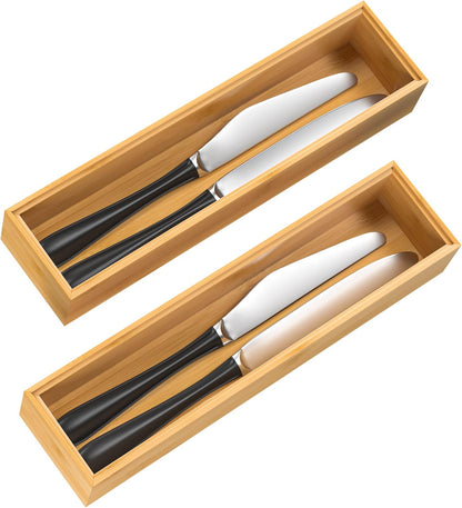 Bamboo Drawer Organizer, Stackable Utensil Organizer for Kitchen, Bamboo Storage Box Wood Silverware Tray for Drawer 15" x 6" x 2" Set of 2