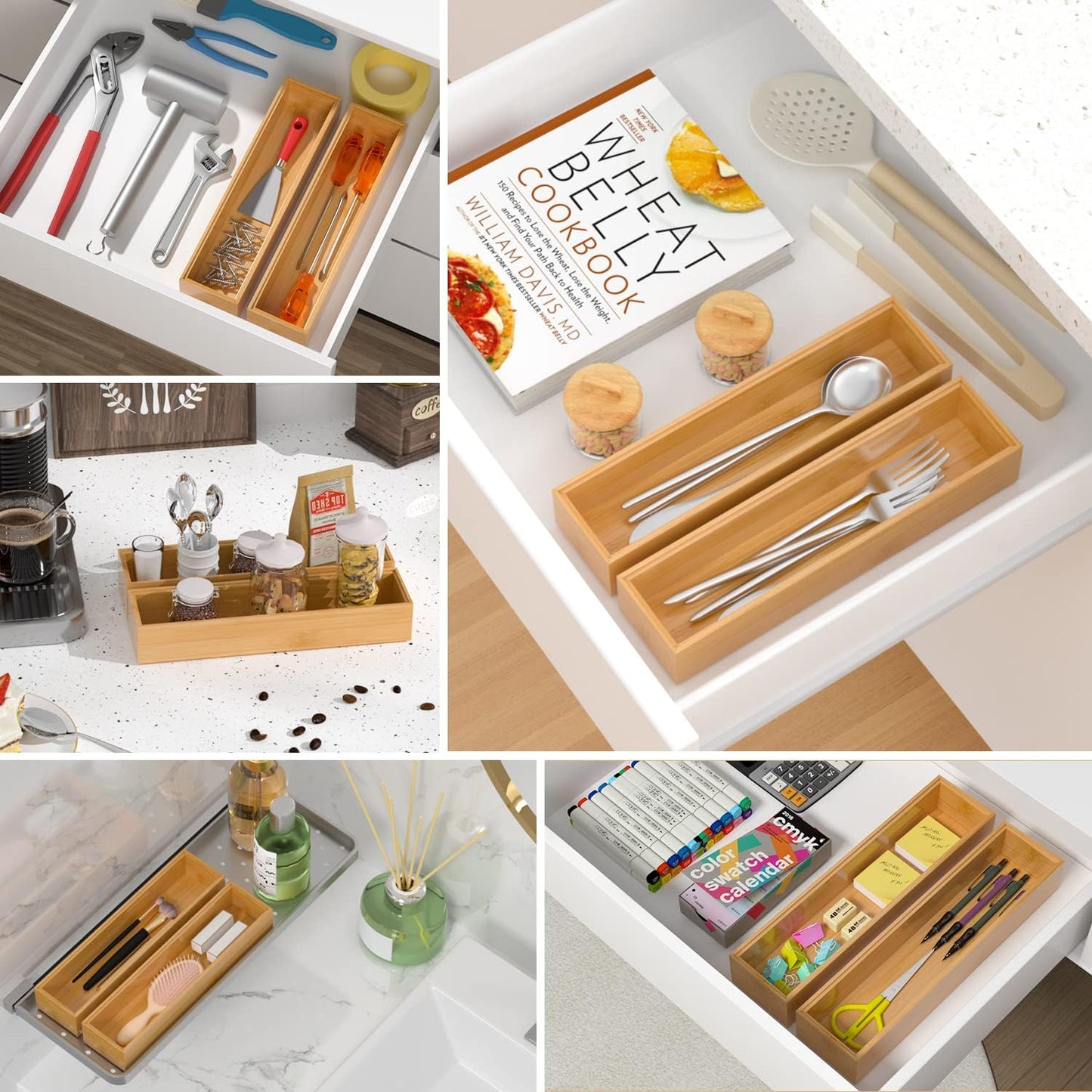Bamboo Drawer Organizer, Stackable Utensil Organizer for Kitchen, Bamboo Storage Box Wood Silverware Tray for Drawer 15" x 6" x 2" Set of 2
