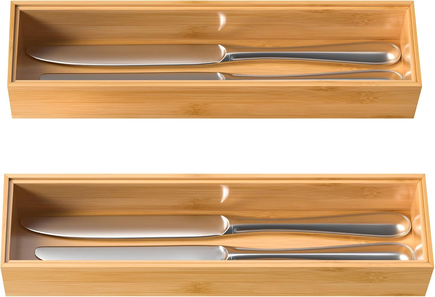 Bamboo Drawer Organizer, Stackable Utensil Organizer for Kitchen, Bamboo Storage Box Wood Silverware Tray for Drawer 15" x 6" x 2" Set of 2