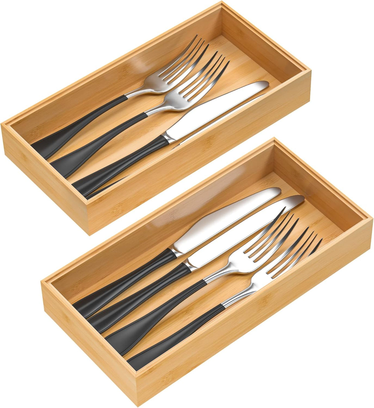 Bamboo Drawer Organizer, Stackable Utensil Organizer for Kitchen, Bamboo Storage Box Wood Silverware Tray for Drawer 15" x 6" x 2" Set of 2