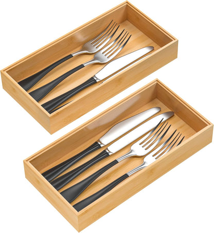 Bamboo Drawer Organizer, Stackable Utensil Organizer for Kitchen, Bamboo Storage Box Wood Silverware Tray for Drawer 15" x 6" x 2" Set of 2