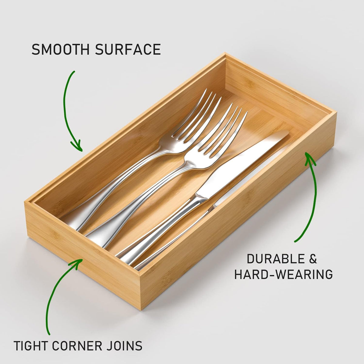 Bamboo Drawer Organizer, Stackable Utensil Organizer for Kitchen, Bamboo Storage Box Wood Silverware Tray for Drawer 15" x 6" x 2" Set of 2