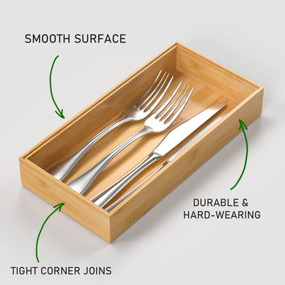 Bamboo Drawer Organizer, Stackable Utensil Organizer for Kitchen, Bamboo Storage Box Wood Silverware Tray for Drawer 15" x 6" x 2" Set of 2