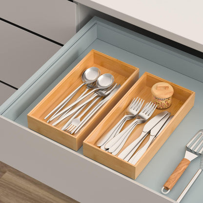 Bamboo Drawer Organizer, Stackable Utensil Organizer for Kitchen, Bamboo Storage Box Wood Silverware Tray for Drawer 15" x 6" x 2" Set of 2