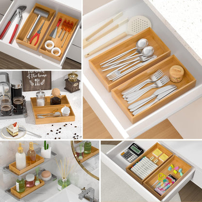 Bamboo Drawer Organizer, Stackable Utensil Organizer for Kitchen, Bamboo Storage Box Wood Silverware Tray for Drawer 15" x 6" x 2" Set of 2
