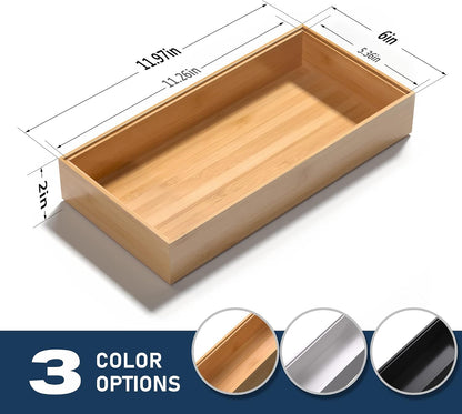 Bamboo Drawer Organizer, Stackable Utensil Organizer for Kitchen, Bamboo Storage Box Wood Silverware Tray for Drawer 15" x 6" x 2" Set of 2