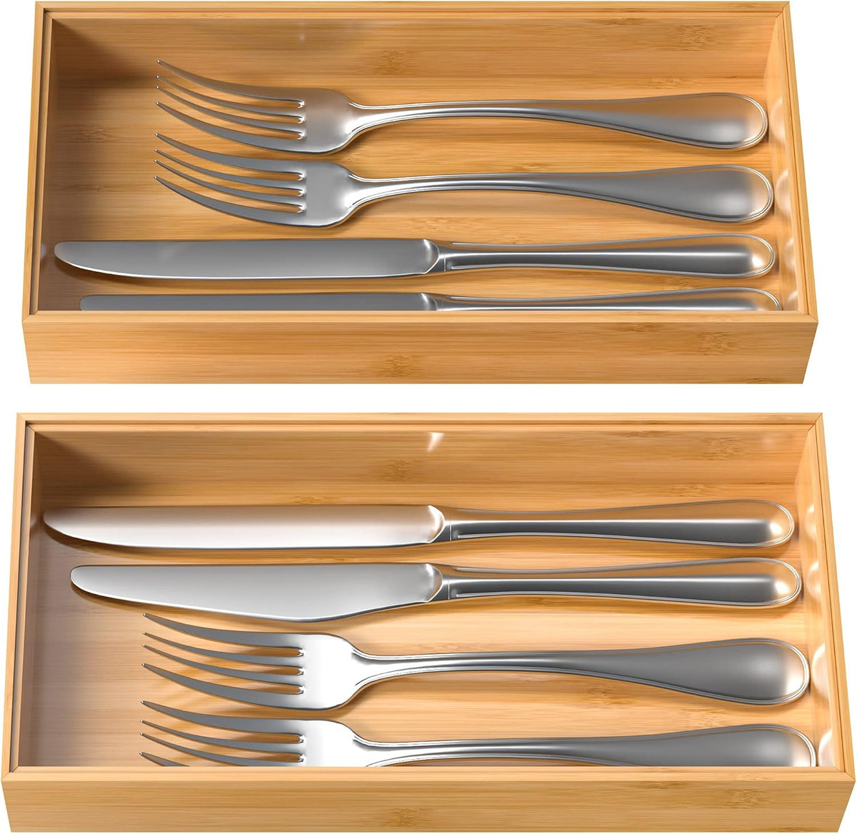 Bamboo Drawer Organizer, Stackable Utensil Organizer for Kitchen, Bamboo Storage Box Wood Silverware Tray for Drawer 15" x 6" x 2" Set of 2