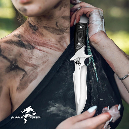 Camping Fixed Blade Knife with Sheath - Black 6 inch | 440C Steel Blade, Full Tang Wooden Handle, Gift Box, for Outdoor Gear