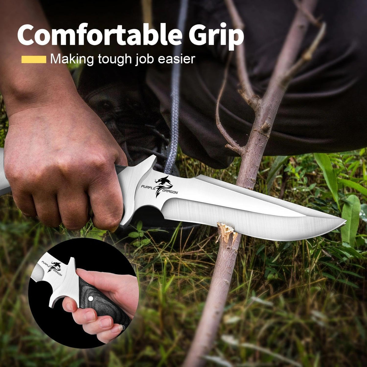 Camping Fixed Blade Knife with Sheath - Black 6 inch | 440C Steel Blade, Full Tang Wooden Handle, Gift Box, for Outdoor Gear