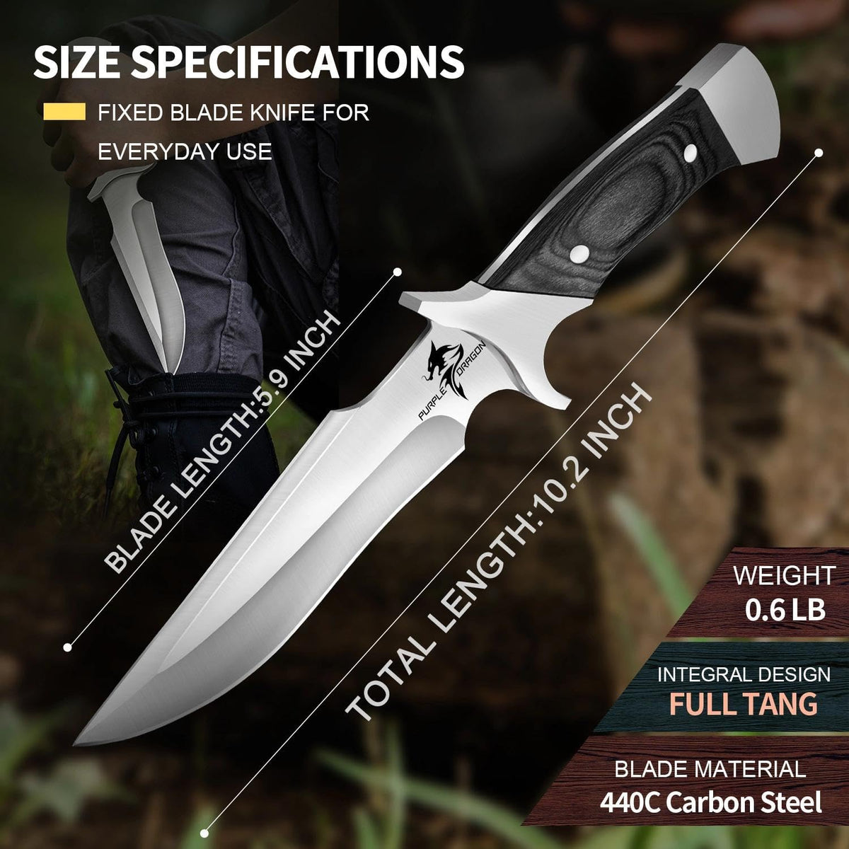 Camping Fixed Blade Knife with Sheath - Black 6 inch | 440C Steel Blade, Full Tang Wooden Handle, Gift Box, for Outdoor Gear